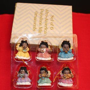 6 Vintage Afro-American Polystone Mini Angel Xmas Ornaments NIB